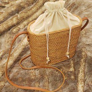 Handwoven rattan shoulder leather strap